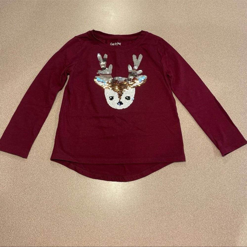 Cat & Jack Burgundy Sequin Deer Long Sleeve Tee